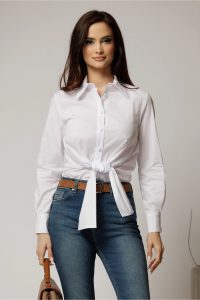 Camasa alba din poplin cu croi cambrat si nod in talie