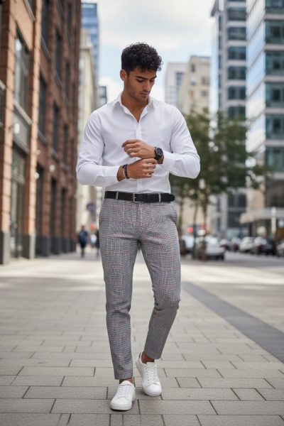 Pantaloni barbati casual regular fit gri in carouri B1910  S2-3