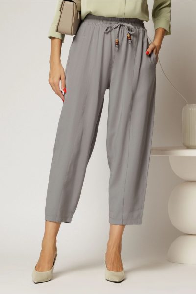 Pantaloni gri de zi din tencel cu snur si elastic pe talie