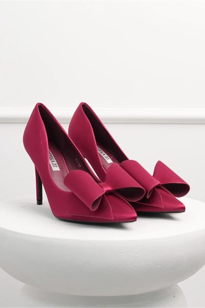 Pantofi bordo din material satinat cu funda maxi pe varf