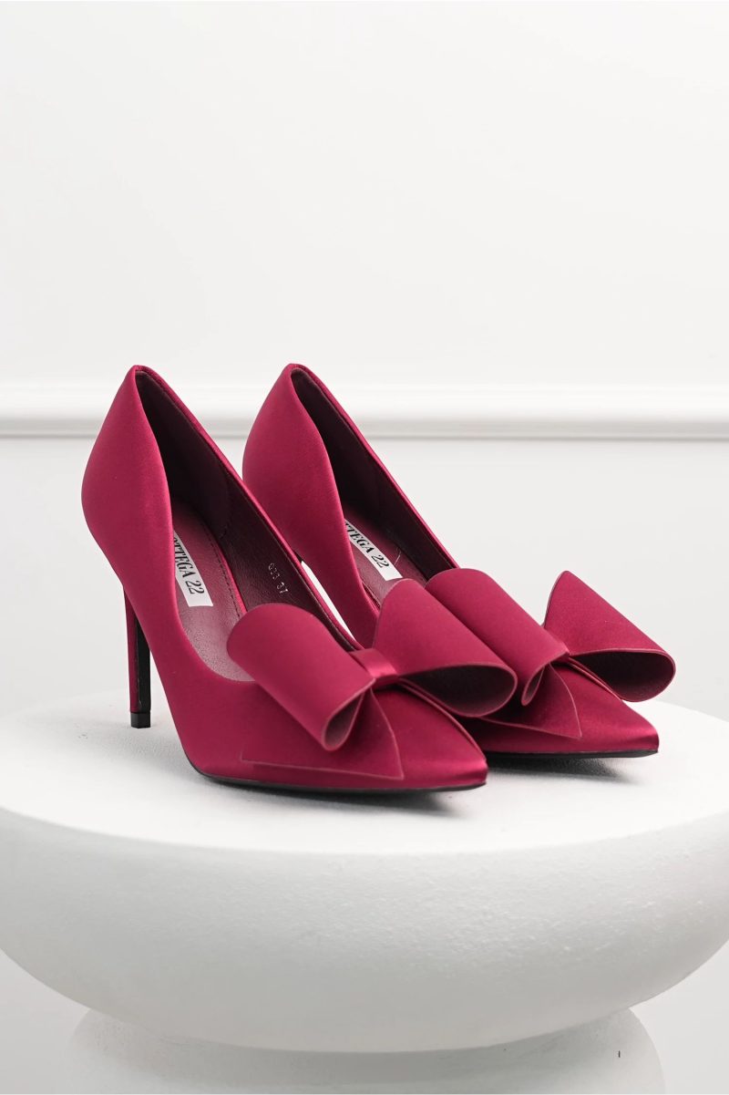 Pantofi bordo din material satinat cu funda maxi pe varf