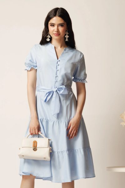 Rochie bleu din viscoza in clos cu cordon in talie