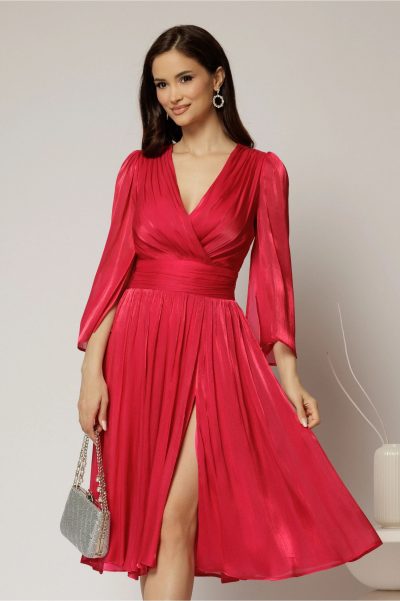 Rochie DY Fashion fucsia de ocazie din voal peliculizat cu maneci crapate