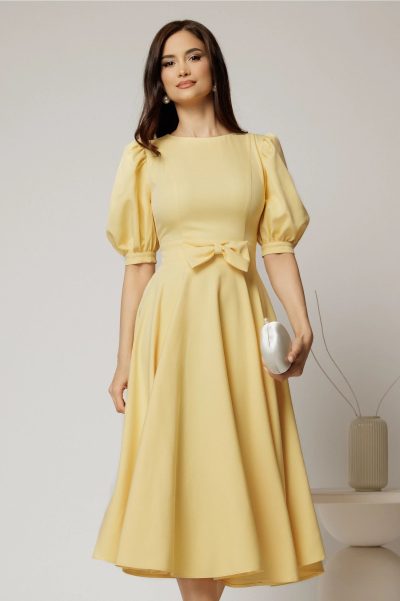 Rochie DY Fashion galbena din stofa in clos cu funda in talie