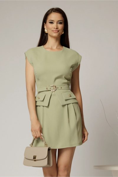 Rochie DY Fashion kaki scurta cu peplum si curea in talie