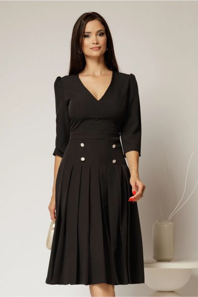 Rochie DY Fashion neagra cu decolteu adanc si fusta plisata