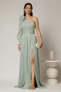 Rochie DY Fashion verde mint pe un umar cu detaliu floral amplu din voal peliculizat