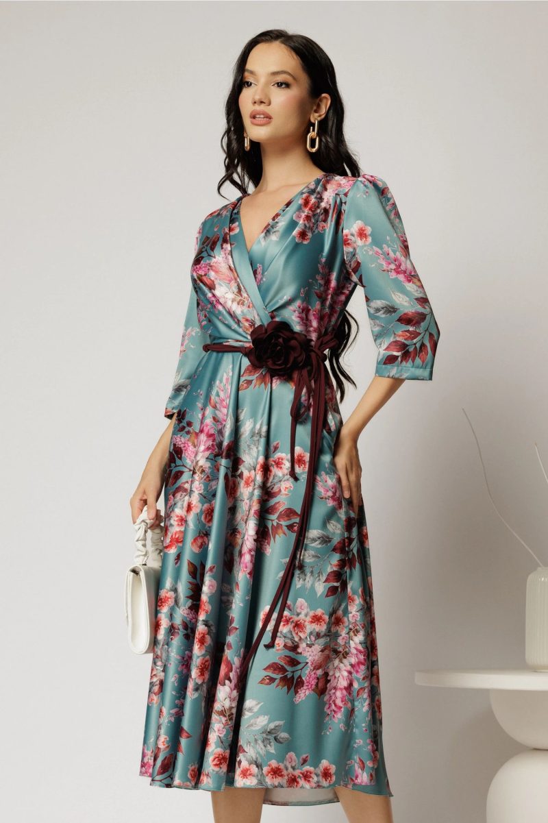 Rochie midi turcoaz cu imprimeu floral si cordon in contrast