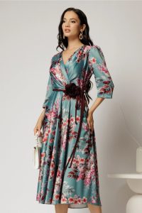 Rochie midi turcoaz cu imprimeu floral si cordon in contrast