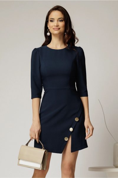 Rochie scurta bleumarin cu fusta tip A si nasturi decorativi