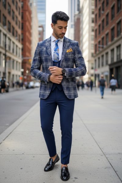 Sacou barbati in carouri slim fit bleumarin  B5303 111-3