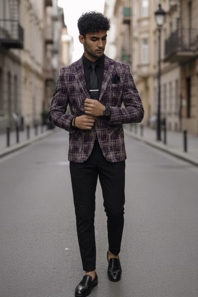Sacou barbati in carouri slim fit grena B4980 112-1