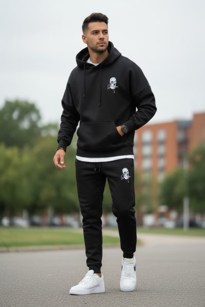 Trening barbati slim fit negru  Pantaloni + Hanorac  vatuit  RM58 39-5